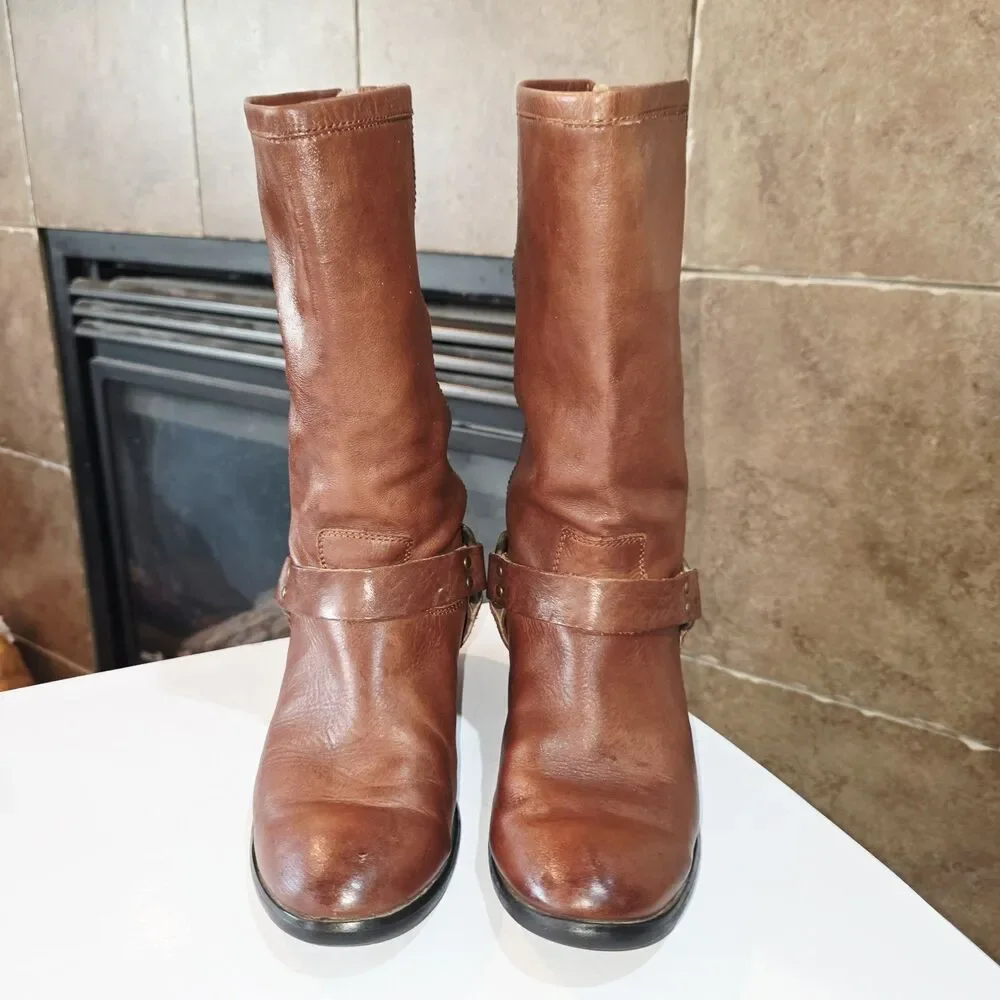 FRYE PHILLIP HARNESS Sz4 Vintage Youth Cognac Brown Zip Up Distressed Tall Boots